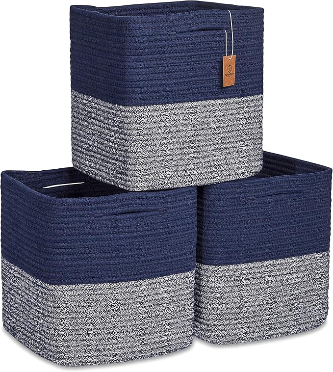 NaturalCozy Storage Cubes 11 Inch Cotton Rope Woven Baskets for Organizing, 3-Pack | Cube Storage Bin | Square Storage Baskets for Shelf Organizer, Classroom, Kids Toy Bins, Closet, Baby Nursery