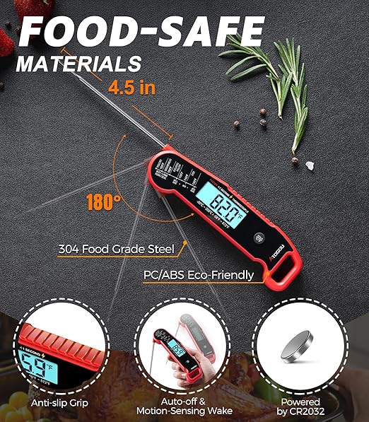 Atogou Professional Meat Thermometer Digital for Cooking Food, <1 Sec Instant Read & ±0.5℉ Accuracy, IP67 Waterproof, Thermocouple Sensor Probe, for Kithchen, BBQ, Grill, Red