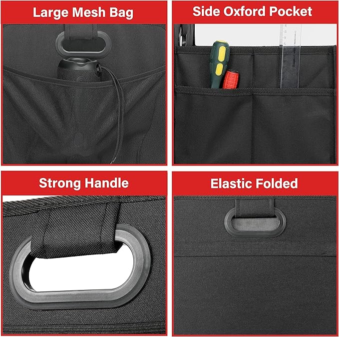 Simple Deluxe Car Trunk Organizer, 2 Compartments Collapsible Trunk Storage, Anti-slip Design, Made of Waterproof 600D Oxford Polyester, Suitable for SUV, Minivan, Truck, Standard Size, Black