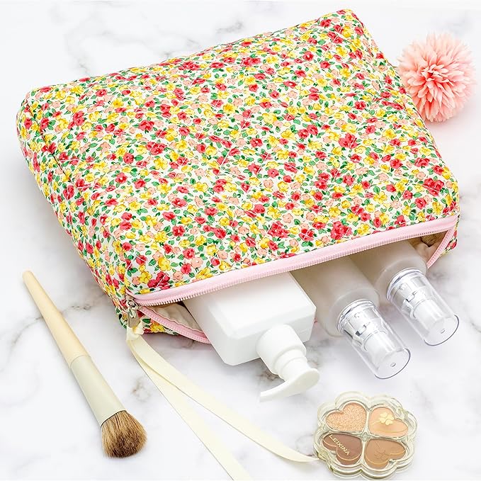 PAZIMIIK Quilted Makeup Bag Large Travel Zipper Soft Cosmetic Pouch for Women Girls Make Up, Little Flower
