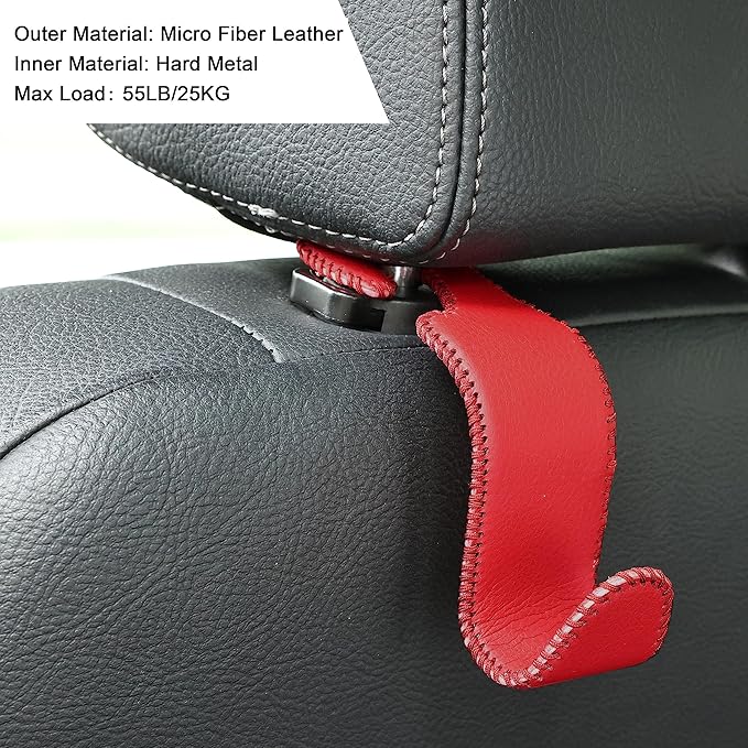 Amooca Car Seat Headrest Hook, Universal Vehicle Storage Hanger, Leather with Metal Car Seat Back Organizer for Handbag, Purse, Coat, Wine, 2 Pack